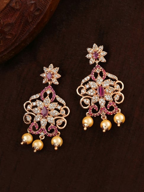 Estele Rose Gold-Plated CZ Fascinating Pearl & Pink Crystals Dangler Earrings-picture-34