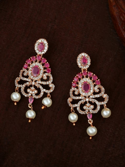 Estele Rose Gold-Plated CZ Tiara Pearl & Ruby Crystals Dangler Earrings-picture-36