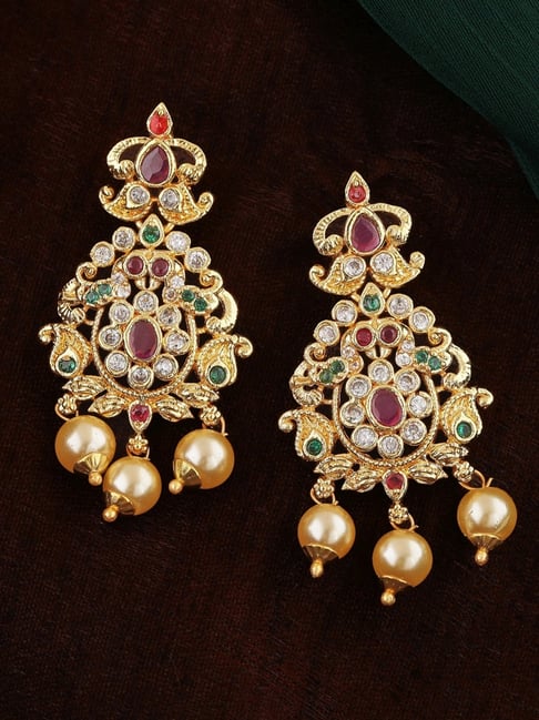 Estele Gold-Plated CZ Enchanting Bridal Pearl & Crystals Dangler Earrings-picture-20