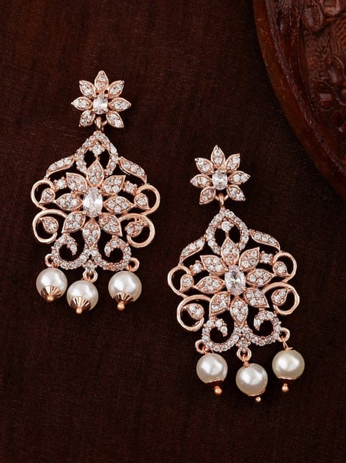 Estele Rose Gold-Plated CZ Charming Pearl & Crystals Dangler Earrings-picture-21