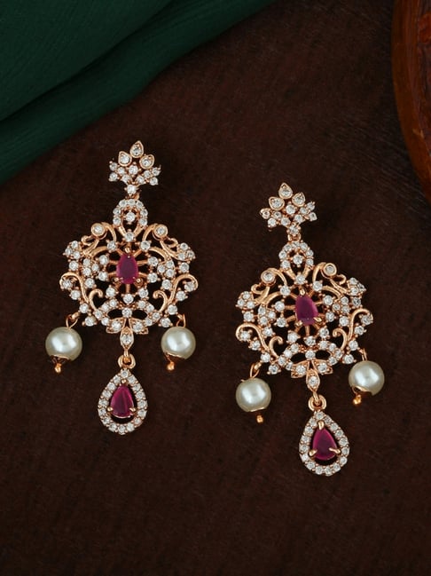 Estele Rose Gold-Plated CZ Charming Pearls Dangler Earrings-picture-19