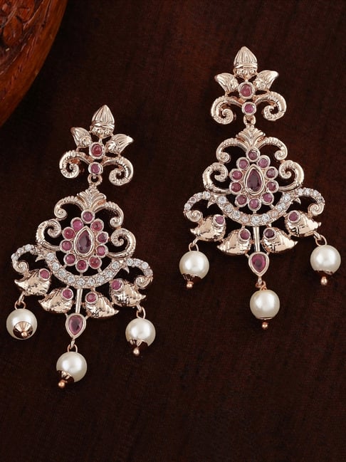 Estele Rose Gold-Plated CZ Swirling Symphony Pearl & Crystals Dangler Earrings-picture-37