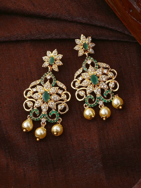 Estele Gold-Plated CZ Enchanting Pearl & Green Crystals Dangler Earrings