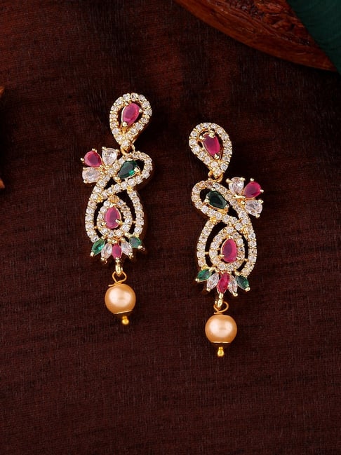 Estele Gold-Plated CZ Beautiful Design Pearls Dangler Earrings-picture-13