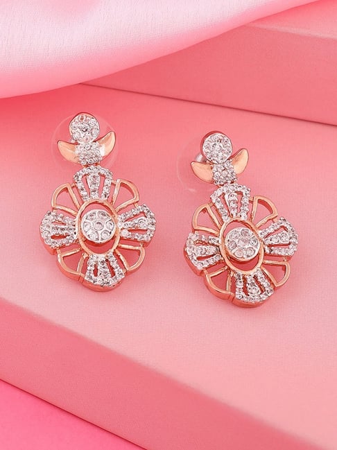 Estele Rose Gold-Plated CZ Flower Design Dangler Earrings-picture-32