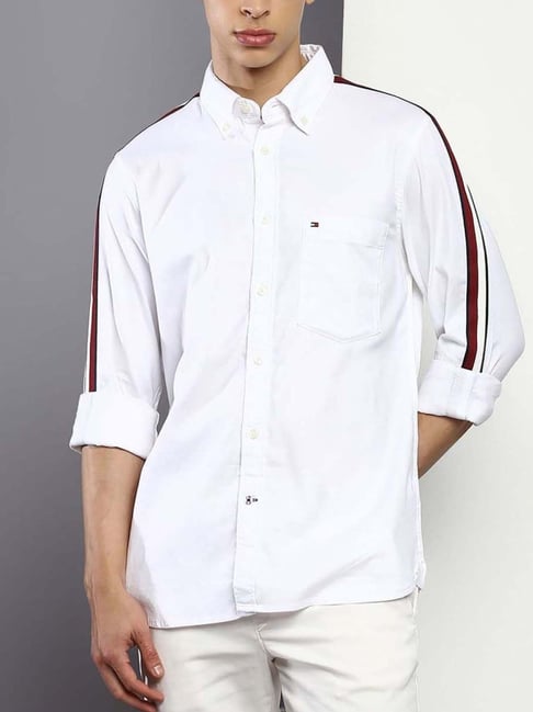 Tommy Hilfiger White Cotton Regular Fit Striped Shirt