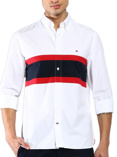 Buy Tommy Hilfiger White Cotton Slim Fit Colour Block Shirt for