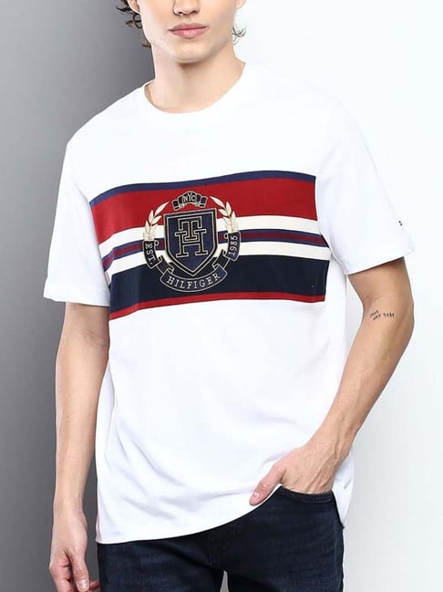 Buy Tommy Hilfiger White Cotton Regular Fit Logo Printed T-Shirt