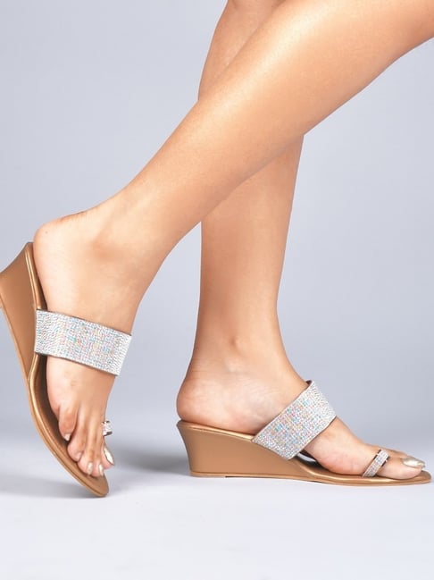 The White Pole Women's Golden Toe Ring Wedges