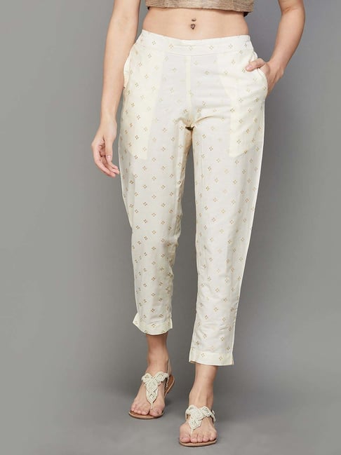 Rareism Women's Weigen White Cotton Fabric Relaxed Fit Floral Print Ankle  Length Trousers(26)