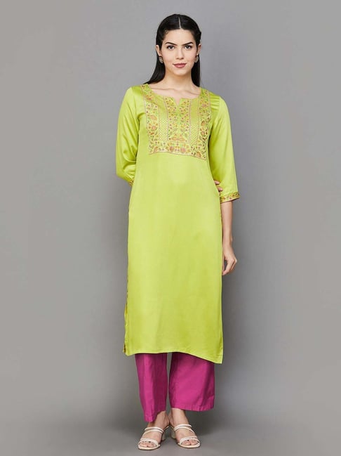 Melange by Lifestyle Lime Green Pink Embroidered Kurta Pant Set With Dupatta