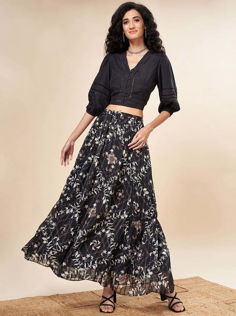 Floral skirt black top best sale