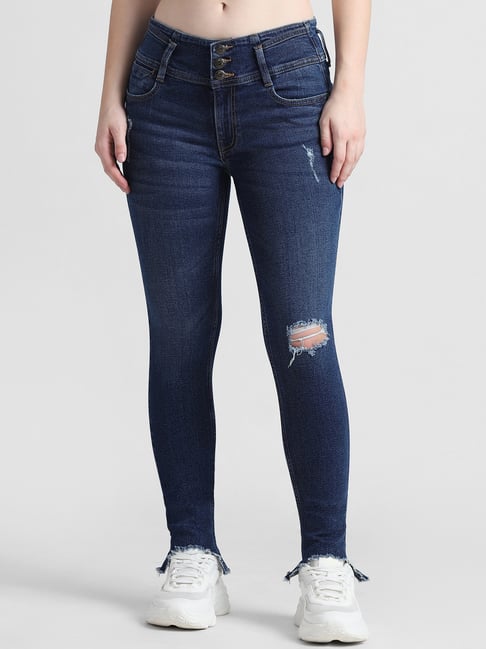 Buy Only Dark Blue Cotton Distressed Skinny Fit Mid Rise Jeans for