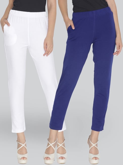 Buy Lyra Blue & White Cotton Leggings - Pack Of 2 for Women Online