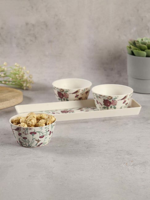 India Circus by Krsnaa Mehta Cream Bamboo Fibre Floral Galore Bowl & Tray Set-picture-29