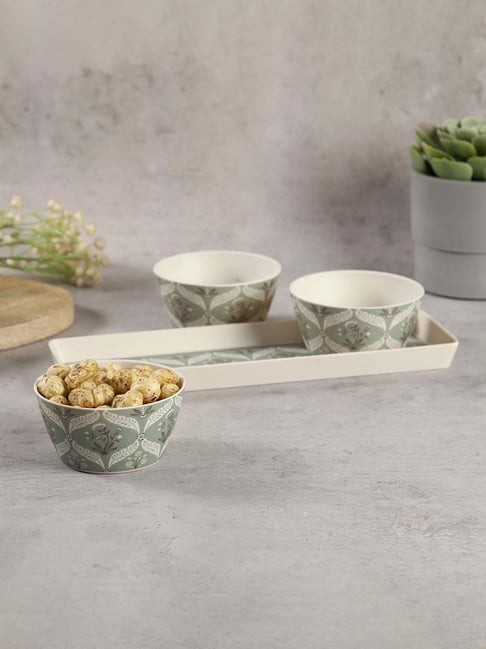 India Circus by Krsnaa Mehta Green Bamboo Fibre Blooming Dahlia Bowl & Tray Set-picture-15