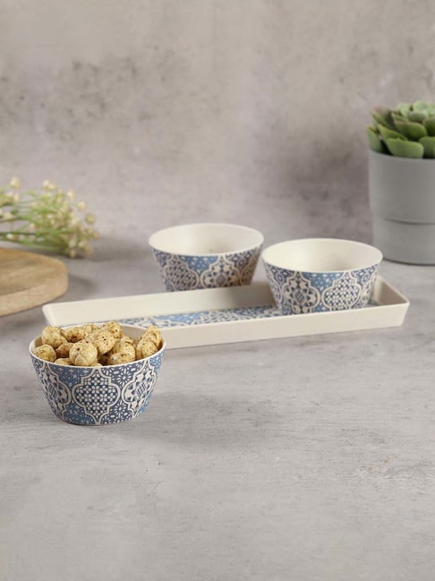 India Circus by Krsnaa Mehta Blue Bamboo Fibre Mughal Jhali Bowl & Tray Set-picture-33