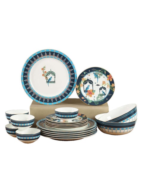 India Circus by Krsnaa Mehta Navy White Bone China Verdant Chef DOeuvre  20Pcs Dinner Set
