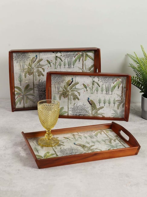 India Circus by Krsnaa Mehta White & Green Mdf Peacock Throne Paradise Tray - Set of 3-picture-19