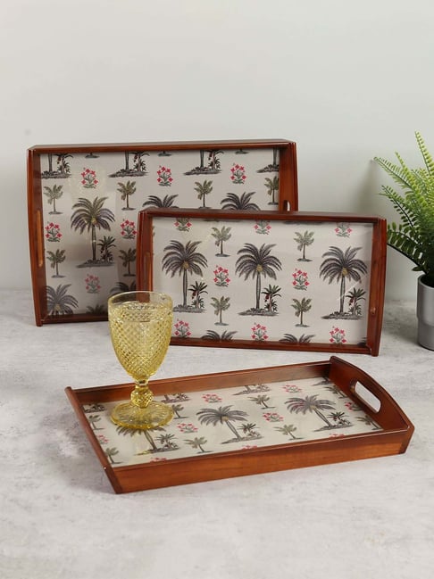 India Circus by Krsnaa Mehta Cream Mdf Chevron Palms Tray - Set of 3-picture-23