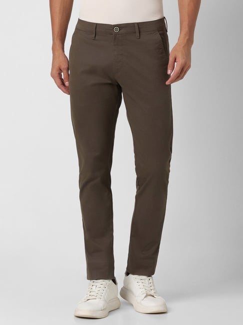 Buy Peter England Men Olive Solid Slim Fit Formal Trousers online