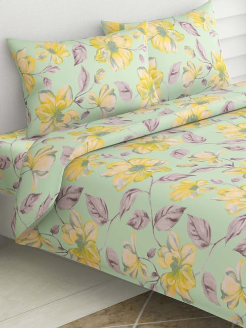 Haus & Kinder Green & Yellow Cotton 186 TC Petal Printed King Bedsheet with 2 Pillow Covers-picture-12