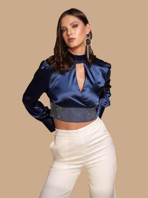 Global Republic Blue Embellished Crop Top-picture-20