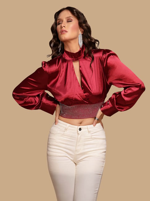 Global Republic Maroon Embellished Crop Top-picture-30