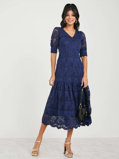 Styli Navy Self Pattern A-Line Dress-image-37