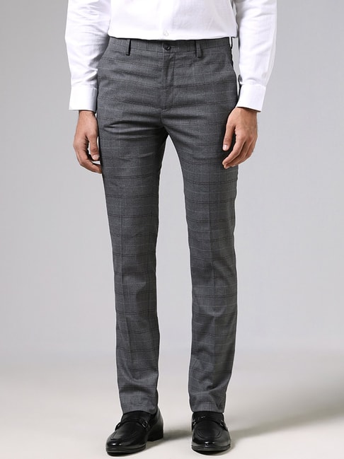 WES Formals by Westside Charcoal Grey Checked Ultra Slim Fit Trousers