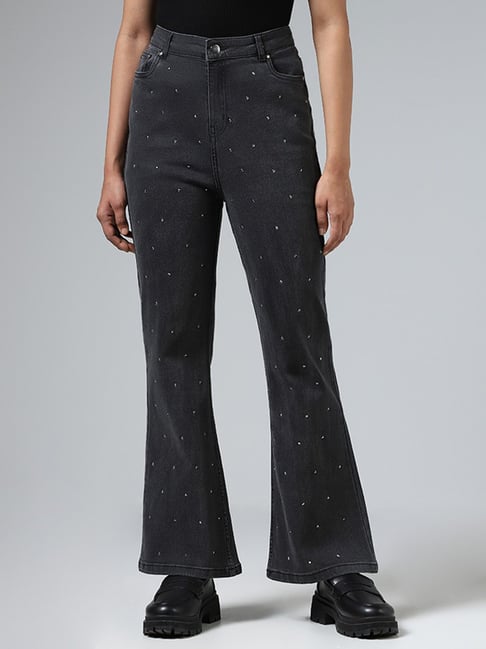 LOV by Westside Charcoal Grey Diamante Bootcut Denim Jeans