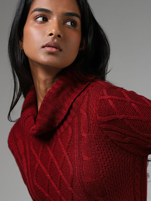 LOV by Westside Burgundy Cable-Knit Sweater Dress