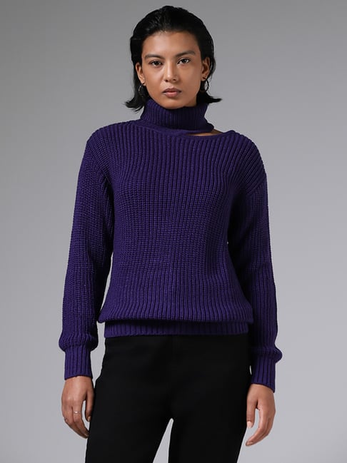 LOV by Westside Purple Sweater with Asymmetric Neck Slit