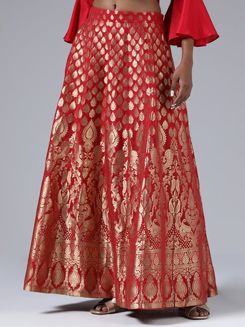 Red And Golden Brocade Festive Skirt With Contrast Shirt Set |  KIA-RPBROC-069 | Cilory.com