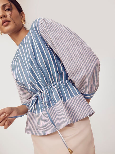 blue and white striped peplum top