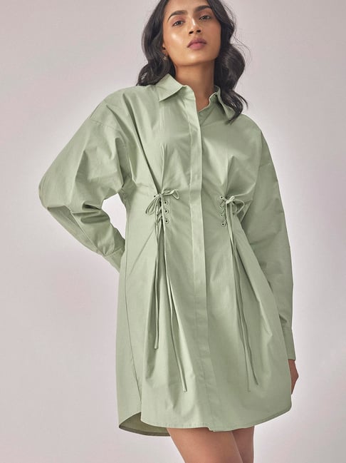 green emerald velvet dress Sage Green Belted Shirt Dress in Textured Crepe  Kaftanize