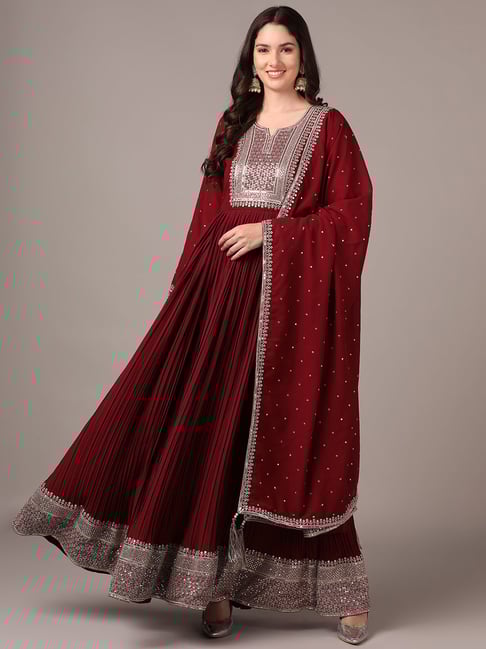 Vaamsi Maroon Georgette Embellished Anarkali Kurta With Dupatta