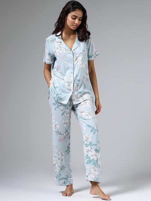 Buy Wunderlove White & Indigo Tropical Printed Shirt & Pyjamas Set