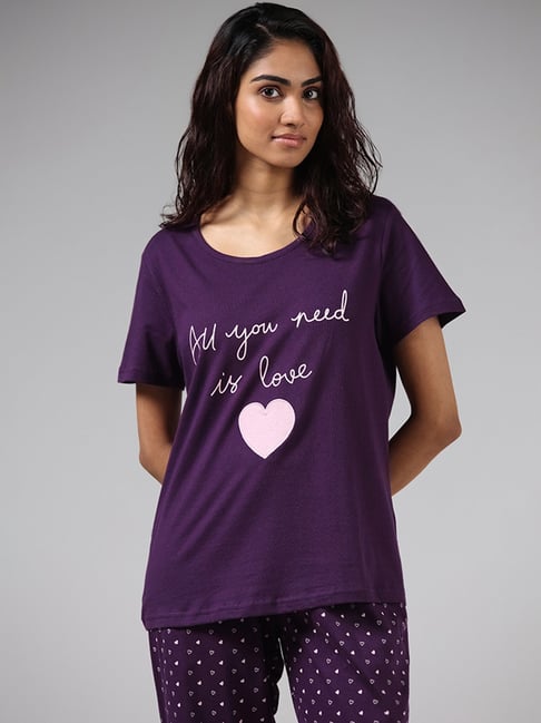 Wunderlove by Westside Violet Typographic T-Shirt & Polka Dot Pyjamas