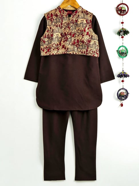 TWISHA Kids Dark Brown Printed Full Sleeves Kurta Pyjamas with Jacket