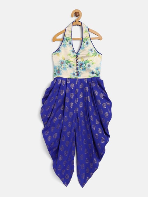 TWISHA Kids Cream & Royal Blue Floral Print Jumpsuit