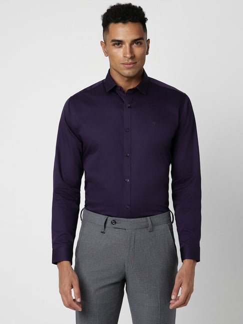 V Dot Purple Cotton Slim Fit Shirt
