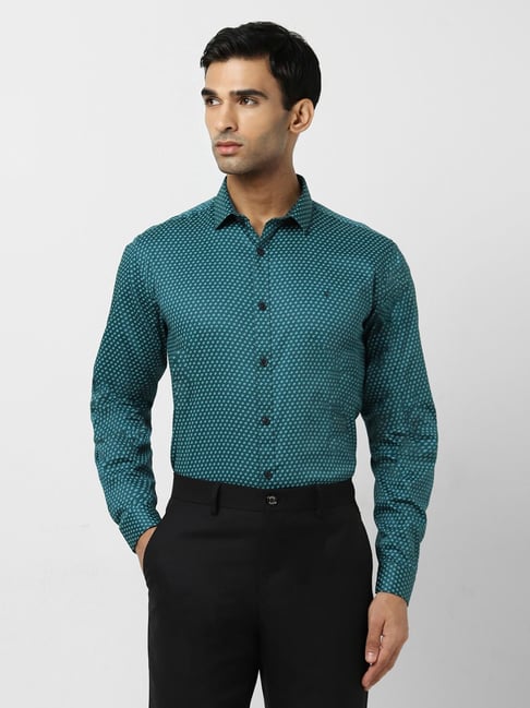 V Dot Green Cotton Slim Fit Printed Shirt