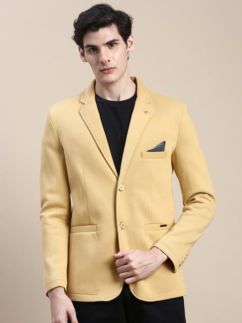 SHOWOFFFF Mustard Slim Fit Self Pattern Blazer
