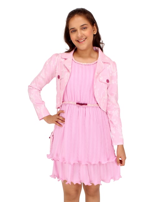 Girls MultiColor Cotton Lycra Stretchable 3 Piece Shrug Dress with Coat/ Shrug Clothing Set