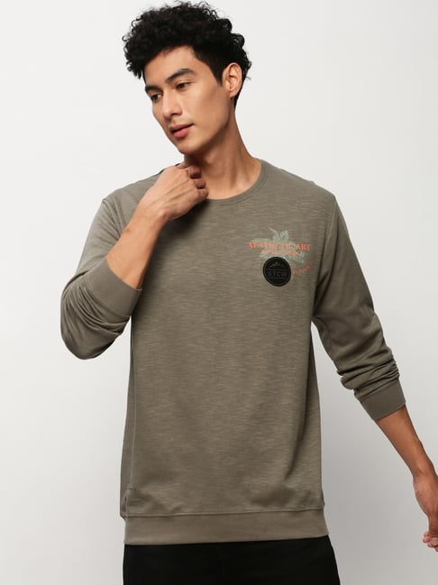 SHOWOFFFF Olive Slim Fit Printed Sweatshirt