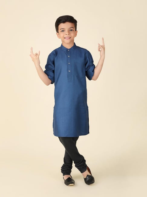 Fabindia Kids Blue Solid Full Sleeves Kurta-image-5