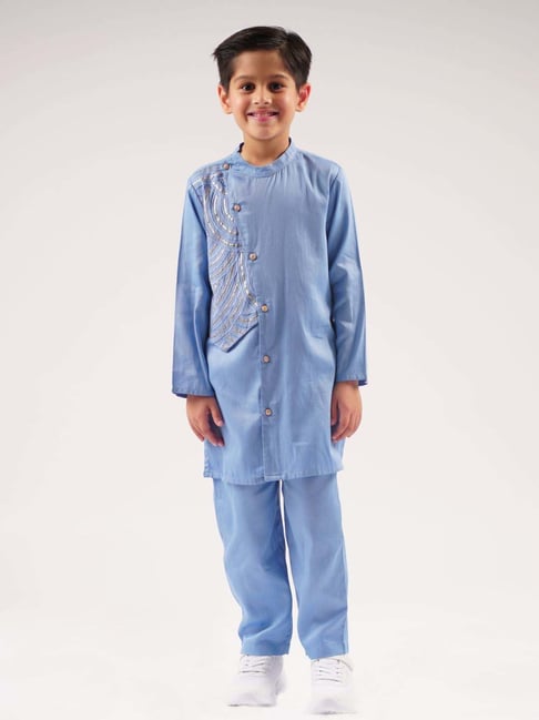 Lil Drama Kids Blue Cotton Embroidered Full Sleeves Kurta Set-picture-11