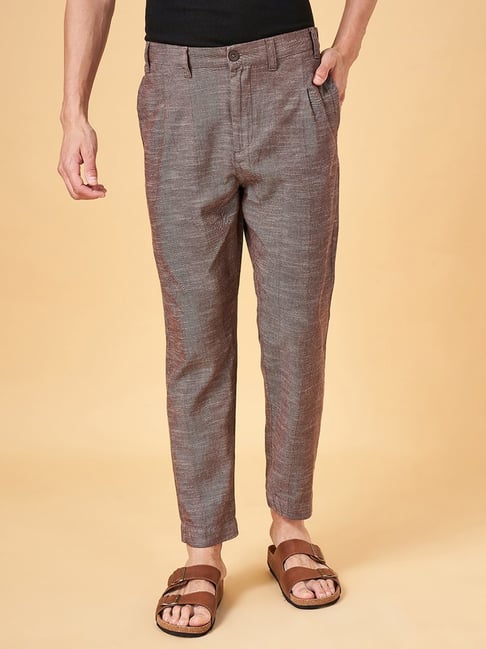 7 Alt by Pantaloons Grey Cotton Comfort Fit Self Pattern Trousers