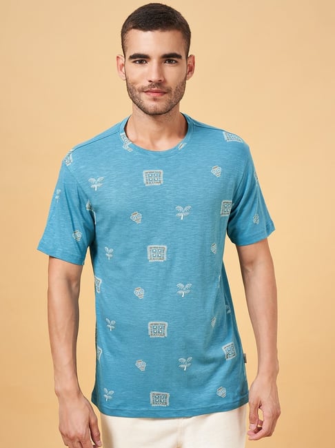 7 Alt by Pantaloons Teal Cotton Relaxed Fit Printed T-Shirt